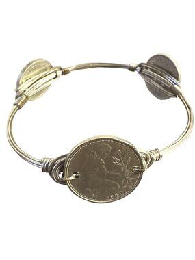 Vintage German Coin Wire Wrapped Bangle Bracelet Silver Tone